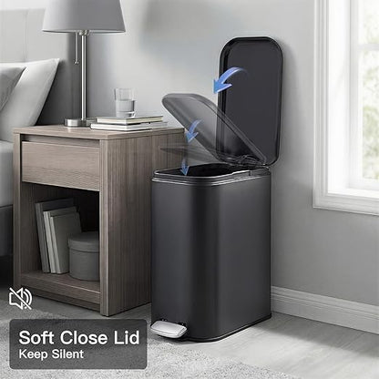 GlowSol Bathroom Trash Can with Lid, 3.2 Gallon 12 L Stainless Steel Step Trash Can with Removable Liner Bucket, Slim Small Wastebasket for Toilet Bedroom Office, Black