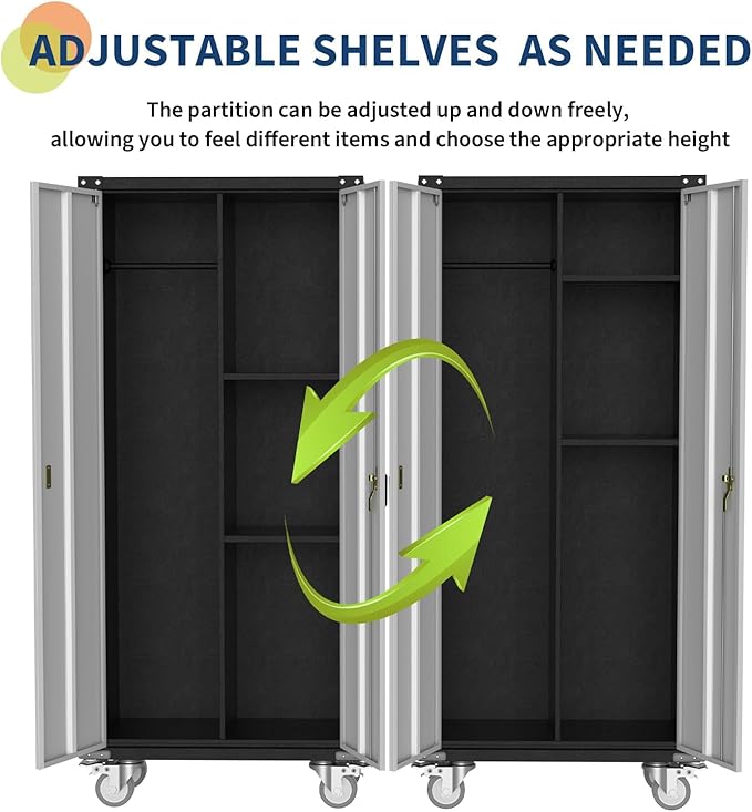 71 Inch Metal Storage Cabinet on Wheels, Tall Locking Wardrobe Cabinet with Hanging Rod, Adjustable Shelves, Garage Tool Organizer, Freestanding Broom Closet for Bathroom, Office, Cleaning Supplies