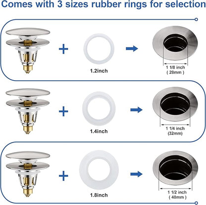 3-in-1 Universal Bathroom Sink Stopper - Brushed Nickel Pop Up Sink Drain Stopper, Brass Bounce Bullet Core Sink Stopper Replacement, Wash Basin Drain Filter Plug with Anti-Clogging Strainer