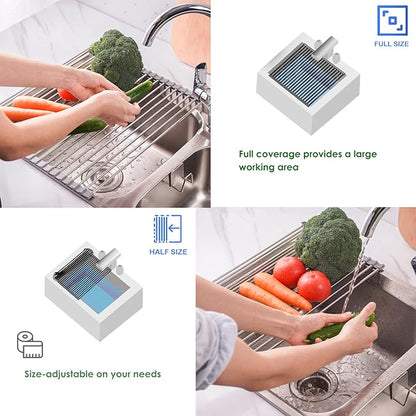 Tomorotec Roll Up Dish Drying Rack Over the Sink Grey Large Dish Drying Rack Rolling Foldable Collapsible SUS304 Stainless Steel Multipurpose Dish Drainer for Kitchen Counter (21”x11.8”)