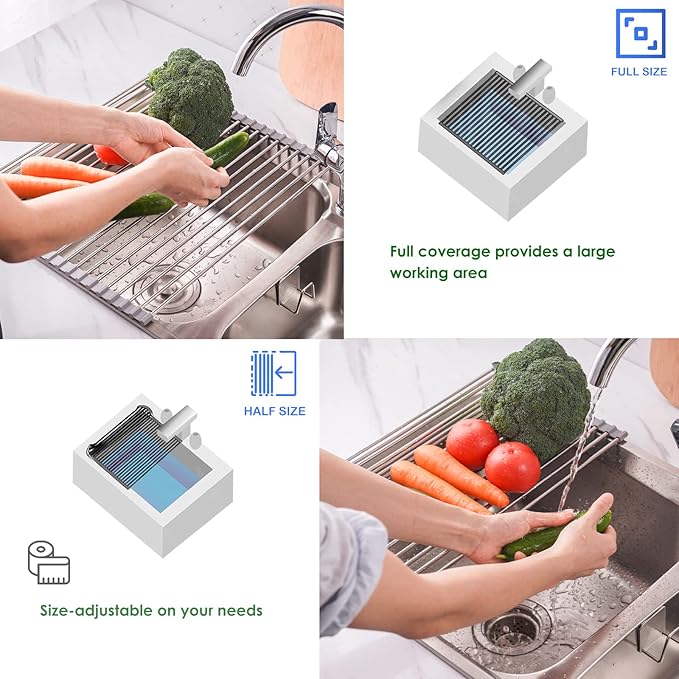 Tomorotec Roll Up Dish Drying Rack Over the Sink Grey Large Dish Drying Rack Rolling Foldable Collapsible SUS304 Stainless Steel Multipurpose Dish Drainer for Kitchen Counter (17.8”x15.7”)