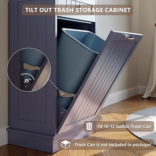 LOUVIXA Tilt Out Trash Can Cabinet, Hidden Trash Cabinet with Drawer, Wooden Dog Proof Trash Can Holder, Tilt Out Laundry Hamper, Garbage Can Holder (Gray-Blue)