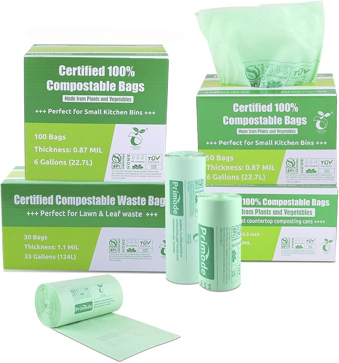 Compostable Bags 6 Gallon Food Scraps Yard Waste Bags, 50 Count, Extra Thick 0.87 Mil. ASTMD6400 Compost Bags Small Kitchen Trash Bags, Certified By BPI And TÜV AUSTRIA
