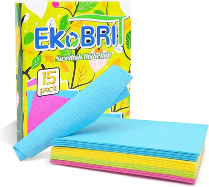 Swedish Dishcloths for Kitchen 15 Pack Reusable Paper Towels, Super Absorbent & Quick Dry, Eco-Friendly Compostable Cleaning Cloths for Dishes, Countertops & Glass, Durable Sponge Cloth Set