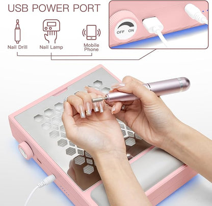 Madenia Powerful Nail Dust Collector - Brushless Quiet Vacuum Suction Fan Extractor with Hand Pillow 2 Filters 1 Brush, Nail Dust Cleaner Machine for Acrylic Gel Nail Polishing Nail Tech Use, Pink