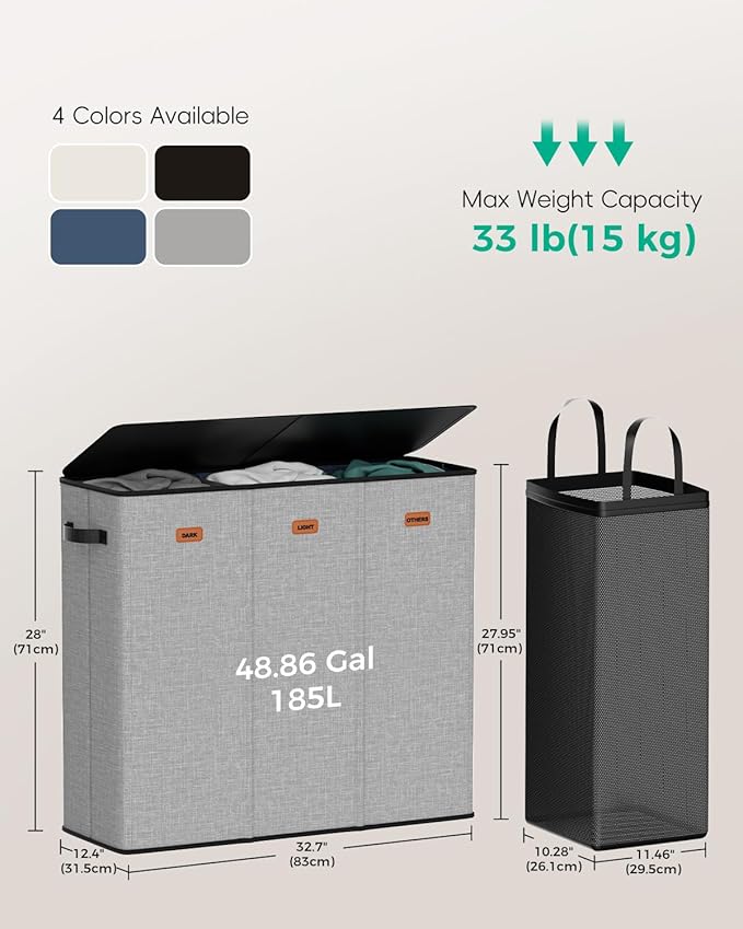 Laundry Hamper 3 Compartment 185L, Large Laundry Hamper with Lid and 3 Inner Bags, Dirty Clothes Hamper, Collapsible Laundry Sorter for Bedroom, Laundry Room, Dorm