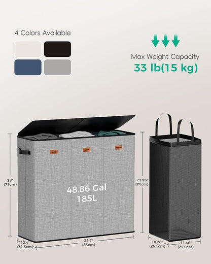 Laundry Hamper 3 Compartment 185L, Large Laundry Hamper with Lid and 3 Inner Bags, Dirty Clothes Hamper, Collapsible Laundry Sorter for Bedroom, Laundry Room, Dorm