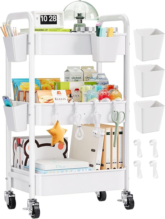 3 Tier Rolling Cart with Wheels, Metal Utility Storage Cart on Wheels, Craft Carts Organizer with Hanging Cups, Hooks, Three Tiered Rolling Carts for Bathroom, Laundry Room, Nursery, Office, White
