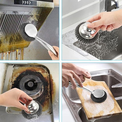 5Pcs Stainless Steel Wool Scrubber Sets, with Long & Short Handle & 3Pcs Detachable Pads, Metal Pot Scrubbers for Cleaning Dishes Iron Pots Stoves