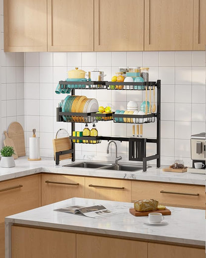 Sakugi Over The Sink Dish Drying Rack - Adjustable 2 Tier Large Capacity Stainless Steel Drainer with Cutlery & Utensil Holders, Kitchen Storage & Organization, 30"-33.9" L x 11" W x 21.5" H, Black