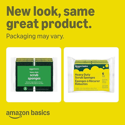 Amazon Basics Heavy Duty Dual-Sided Scrub Sponges, Reusable, 4.4 x 2.7 x 0.8 in, Yellow/Green, 6-Pack
