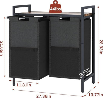 Huhote Laundry Hamper, double Laundry Basket, Laundry Sorter with Top Shelf & 2 Removable Washable Bags & Side Pockets for Laundry Room organization, Bathroom and Dorm, Rustic Brown and Black
