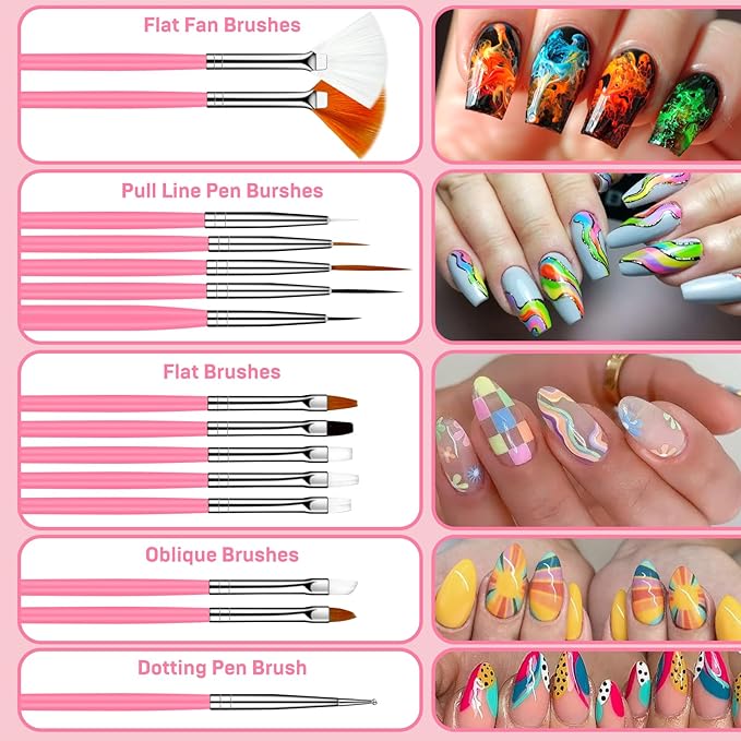 MUIIGOOD 15pcs Pink Nail Art Brushes Set Nail Pen Designer Acrylic Nail Art Gel Painting Brushes Tool Dust Brush,Striping Brushes Dotting Tools for Long Lines Fan Brush Gel Polish Nail Art Supplies