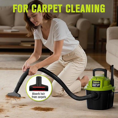 YWDV25B 2.5 Gallon Small Shop Vac 1.5 Peak HP Mini Wet Dry Vac with Blowing Function, 15Ft of Cleaning Reach, 3 in 1 Portable Compact Shop Vacuum for Hose and Attachments for Home Floor/Car/Garage