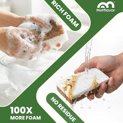 Metflavor 6 Pack Natural Kitchen Sponges, Biodegradable Non-Scratch Cellulose Sponge with Coconut Scrubber for Dishes, Compostable, Non Toxic Cleaning Sponges for Kitchen, Bathroom, Household