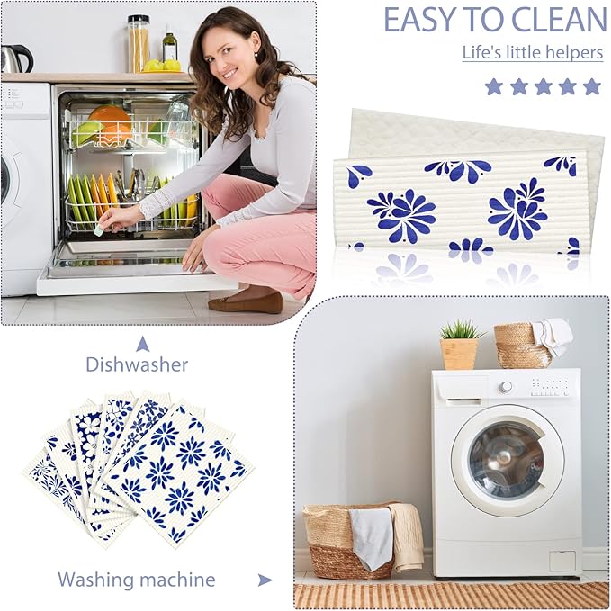 Cunhill 6 Pcs Swedish Kitchen Dish Cloths Kitchen Towels Reusable Sponge Cleaning Cloths Wipes Absorbent Dish Cloth Quick Drying Decor (Blue Leaves)