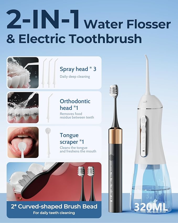Sonic Electric Toothbrush and Electric Floss for Adults and Kids, Electric Toothbrush Water Flosser Adults, Water Dental Picks, Cleaning and Flossing Dental Care, Waterproof