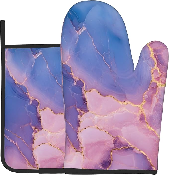 Oven Mitt and Pot Holders Sets - Marble Kitchen Mitts Decorative Purple Pink Oven Gloves Hot Pads Set of 2 for Cooking Baking Grilling