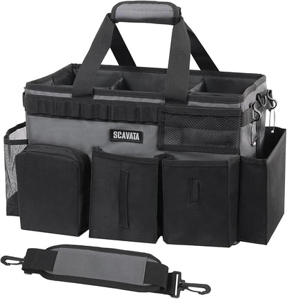 SCAVATA Wearable Cleaning Caddy Bag, Cleaning Caddy Supplies Organizer with Handle & Shoulder Straps for Housekeepers, Under Sink & Car Cleaning Tool Organizers with 4 Foldable Divider (GraphiteGrey)