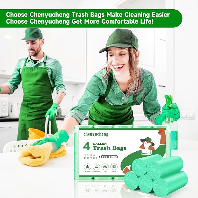 4 Gallon Small-Trash-Bag Unscented Bathroom Biodegradable - Mini Garbage Can Bags Green Compostable Kitchen Office Car Waste Basket Liners 100 count Tiny Strong Thick Chenyucheng