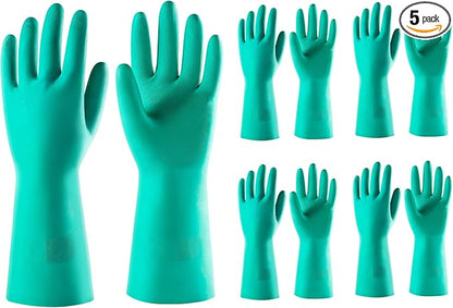 ThxToms 5 Pairs Nitrile Chemical Resistant Gloves, 15mil,13", Reusable Latex Rubber Free Heavy Duty Gloves, Acid Alkali Oil Protection, Industrial Use and Household Cleaning, Non-Slip, Medium