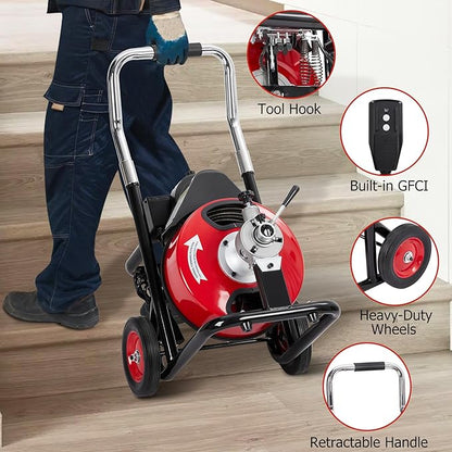 Drain Cleaner Machine 75FT x 1/2 Inch, Sewer Snake Auger with 370W Motor, Auto Feed, 8/4 Cutter Blades, Foot Switch & Wheels, Gloves, Semi-Enclosed Drum, Portable Drain Cleaning Tool for 1"-4" Pipes