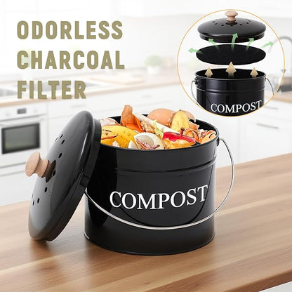 Compost Bin - 1 Gallon Countertop Composter with Lid and Charcoal Filters, Rust Proof Indoor Bucket for Kitchen Food Waste