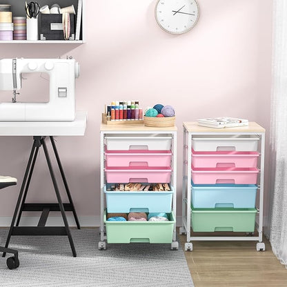 SYKIARIOL Utility Cart with 5 Drawers,Storage Drawer Cart with Wooden Tabletop and Lockable Wheels,Craft Storage Trolley Cart,5-Tier Rolling Utility Cart on Wheels,Rainbow