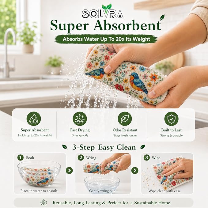 10 PCS Birds Print Swedish Dishcloths for Kitchen 100% Biodegradable, Reusable Cellulose Sponge Cloths Ultra Absorbent, Eco Friendly Cleaning Towels Dishcloths for Washing Dishes & General Cleaning