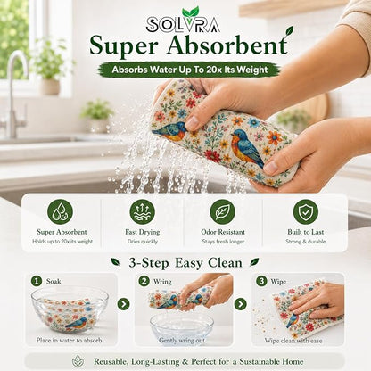 10 PCS Birds Print Swedish Dishcloths for Kitchen 100% Biodegradable, Reusable Cellulose Sponge Cloths Ultra Absorbent, Eco Friendly Cleaning Towels Dishcloths for Washing Dishes & General Cleaning