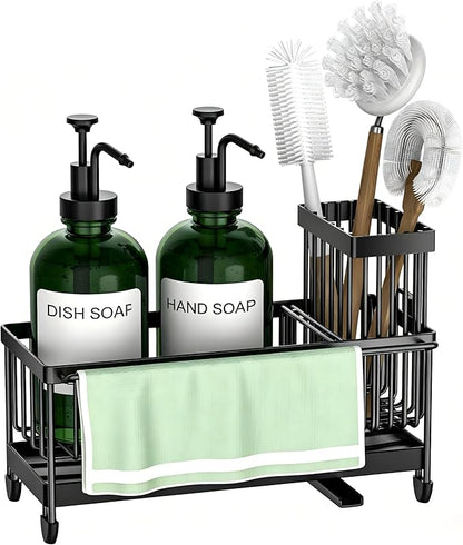Kitchen Soap Dispenser Set with Sponge Holder and Towel Rack, 17OZ Glass Bottle, Hand and Dish Soap Dispenser Set, Non-Slip Silicone Pad, Brush Holder, Kitchen Sink Caddy Organizer Countertop (Green)