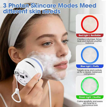 Electric Facial Cleaner with 6 Modes & 3 Light Effects, Rechargeable Waterproof Face Scrubber for Women and Men, Includes Extra Brush Head, Easy-Clean Hanging Design (White)