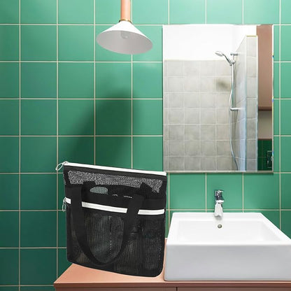 Fammart Mesh Shower Caddy Portable with Zipper & 2 Pockets - Quick Dry Shower Bag Toiletry Tote Hanging for Travel Gym Camp Beach - Organizer Bag Bathroom Essentials for College Dorm