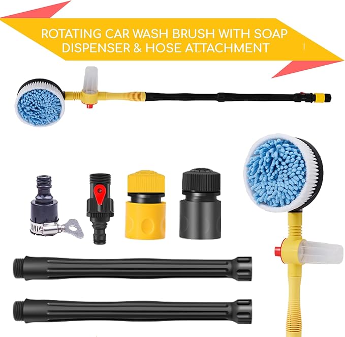 Rotating Car Wash Brush with Soap Dispenser & Hose Attachment Soft Bristle Car Spin Mop Washing Scrub Brush with Long Handle Water Flow Through High Pressure Car Cleaning Brush Kit Car Wash Hose