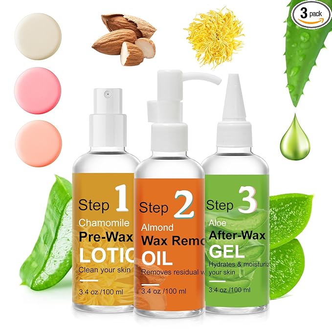 Pre Wax Spray and After Wax Spray, Triple-bottle Skin Care Set with Pre-wax Cleanser, Wax Remover Oil and Skin Soother Organic Aloe Vera Gel for Sensitive Skin - 100ML