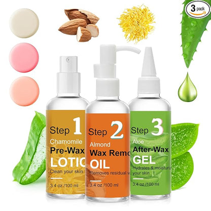 Pre Wax Spray and After Wax Spray, Triple-bottle Skin Care Set with Pre-wax Cleanser, Wax Remover Oil and Skin Soother Organic Aloe Vera Gel for Sensitive Skin - 100ML