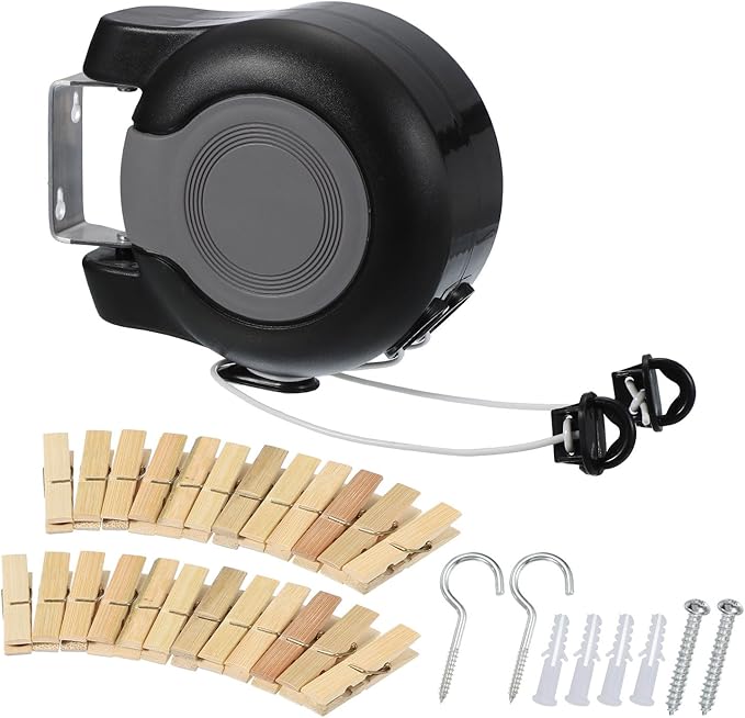 uxcell Retractable Double Clothesline Outdoor Indoor, 49Ft Heavy Duty PVC Clothes Line Retracting Laundry Line with 24 Pcs Clothespins for Wet Dry Clothing, Black