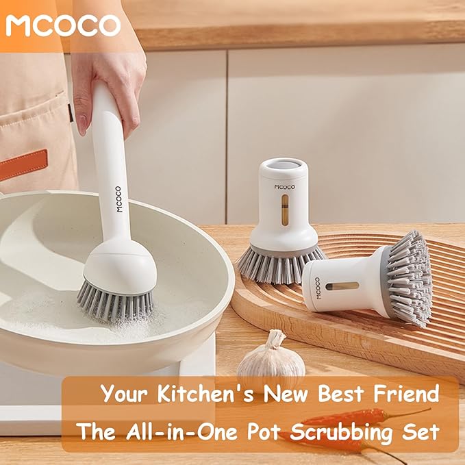 Dish Brush Set with Soap Dispensing Palm Brush Dish Scrub Brush with Soap Dispenser Palm Dish Brush Kitchen Cleaning Brush with Ergonomic Long Handle for Cleaning Sink, Pot, Pan, Stove, White