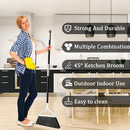 Heavy Duty Angle Broom 4 Pack - White Broom for Outdoor & Indoor, Garage, Driveway, Sidewalk, Kitchen & More, Long Handle