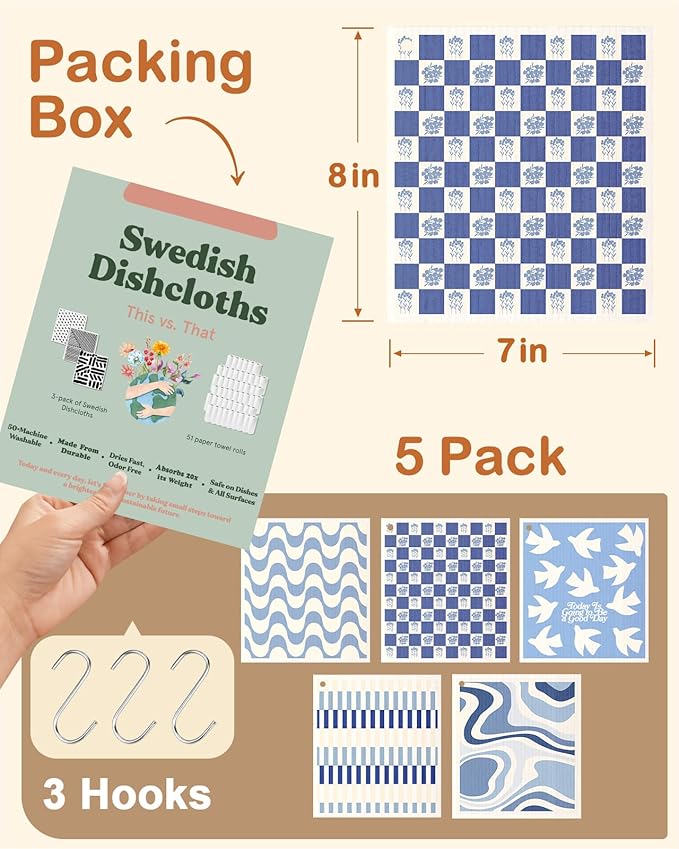 Miss Adola Swedish Dishcloths for Kitchen with Hooks - Reusable Dish Cloths for Washing Dishes Fast Drying Cute Fun 5 Pack Swedish Dish Towels Washable Cleaning Sponge, Blue Geometrical