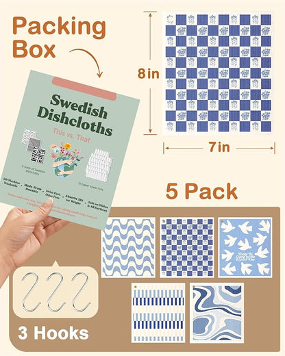 Miss Adola Swedish Dishcloths for Kitchen with Hooks - Reusable Dish Cloths for Washing Dishes Fast Drying Cute Fun 5 Pack Swedish Dish Towels Washable Cleaning Sponge, Blue Geometrical