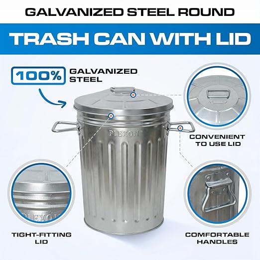 Plexon 2 Gallon Small Metal Trash Can with Lid Bathroom Garbage Can with Lid Round Galvanized Steel Waste Basket for Bedroom Office Kitchen Indoor Metal Basket