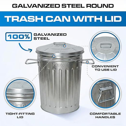 Plexon 2 Gallon Small Metal Trash Can with Lid Bathroom Garbage Can with Lid Round Galvanized Steel Waste Basket for Bedroom Office Kitchen Indoor Metal Basket