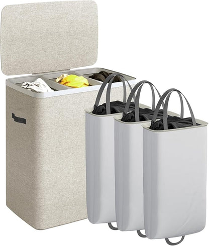 CASAMAYA Laundry Basket with Lid, Laundry Hamper 3 Section, 190L collapsible Laundry Organizer, Easy Assembly, with Handles and Removable Liners, 25.2 x 15.7 x 29.5 Inches, Beige JSP904M