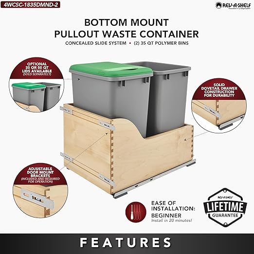 Rev-A-Shelf Pull Out Trash Can for Kitchen Cabinets 35 Qt 8.75 Gal Bottom Mounted, Undermount Soft-Close Slides, Silver, 4WCSC-1835DMND-2