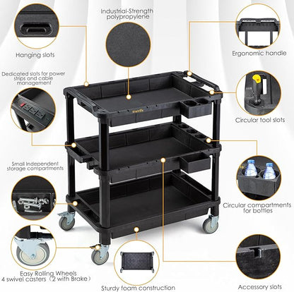 ELAFROS Multi-Use Utility Cart - 32.4x18.3 Heavy-Duty Service Cart with 3 Deep Shelves, Industrial-Grade Tool Cart Mobile Organizer, Rolling cart Holds up to 500 lbs, Black