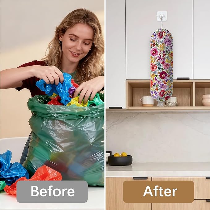 Plastic Bag Holder Dispenser, Plastic Grocery Bag Organizer & Wall Mount Paper Trash Bags Saver Storage for Kitchen Home Pantry Decor, Colorful Floral Kitchen Decor Shopping Bags Storage Dispenser
