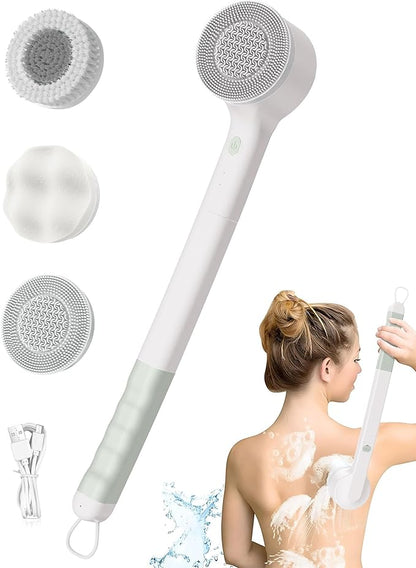 Electric Body Scrubber with Long Handle Cordless Rechargeable Shower Brush for Back Scrubbing and Exfoliating IPX7 Waterproof Vibration Silicone Bath Brush