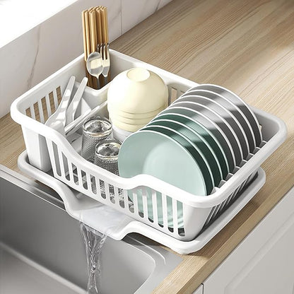 Noamus 2-Piece Plastic Dish Drying Rack, Heavy Duty Sink Set Dish Rack, White Large Drainer with Attached Drainboard Utensil Cup Holders for Home Kitchen Counter Top Organizers