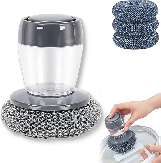 Comfort Grip Soap Dispensing Kitchen Scrub, Kitchen Scrub Brush with Built-in Soap Dispenser Without Soaps with Replaceable Head for Everyday Kitchens Cleanup, Busy Households (1 Set)
